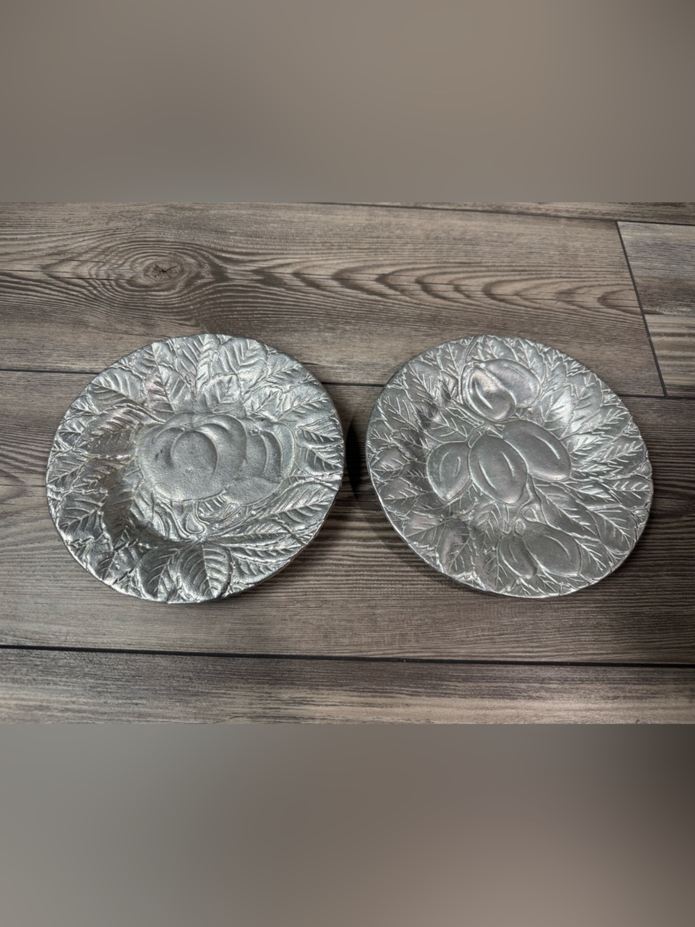 Set of 2 Vintage dinnerware pewter plates, fruit motif | 7.5”